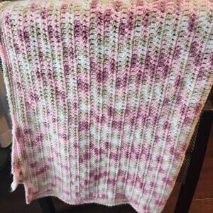 Handmade Crochet Pink and  White Baby Throw Blanket  45 x 56